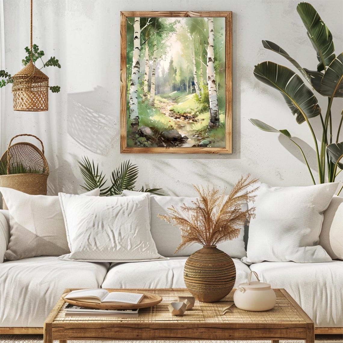 Birch Trees By Gentle Stream Misty Sunlight Watercolor Poster - Image 4