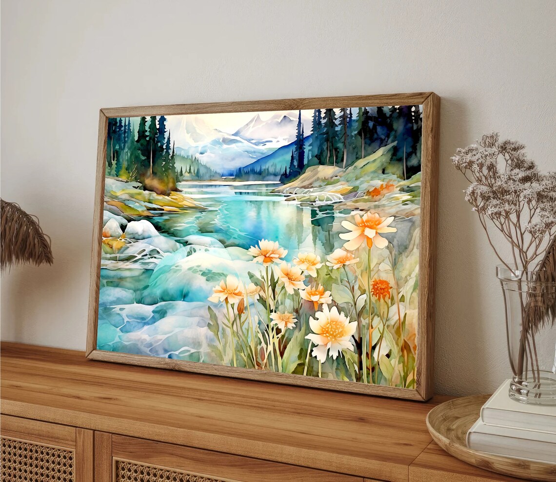Mountain Landscape With Lake Meadow Flowers Art Print - Image 5