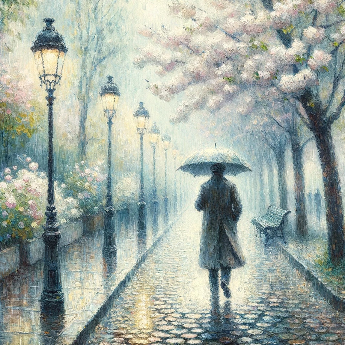 Rainy Paris Street with Lamp Posts Man Walking Umbrella Art Poster