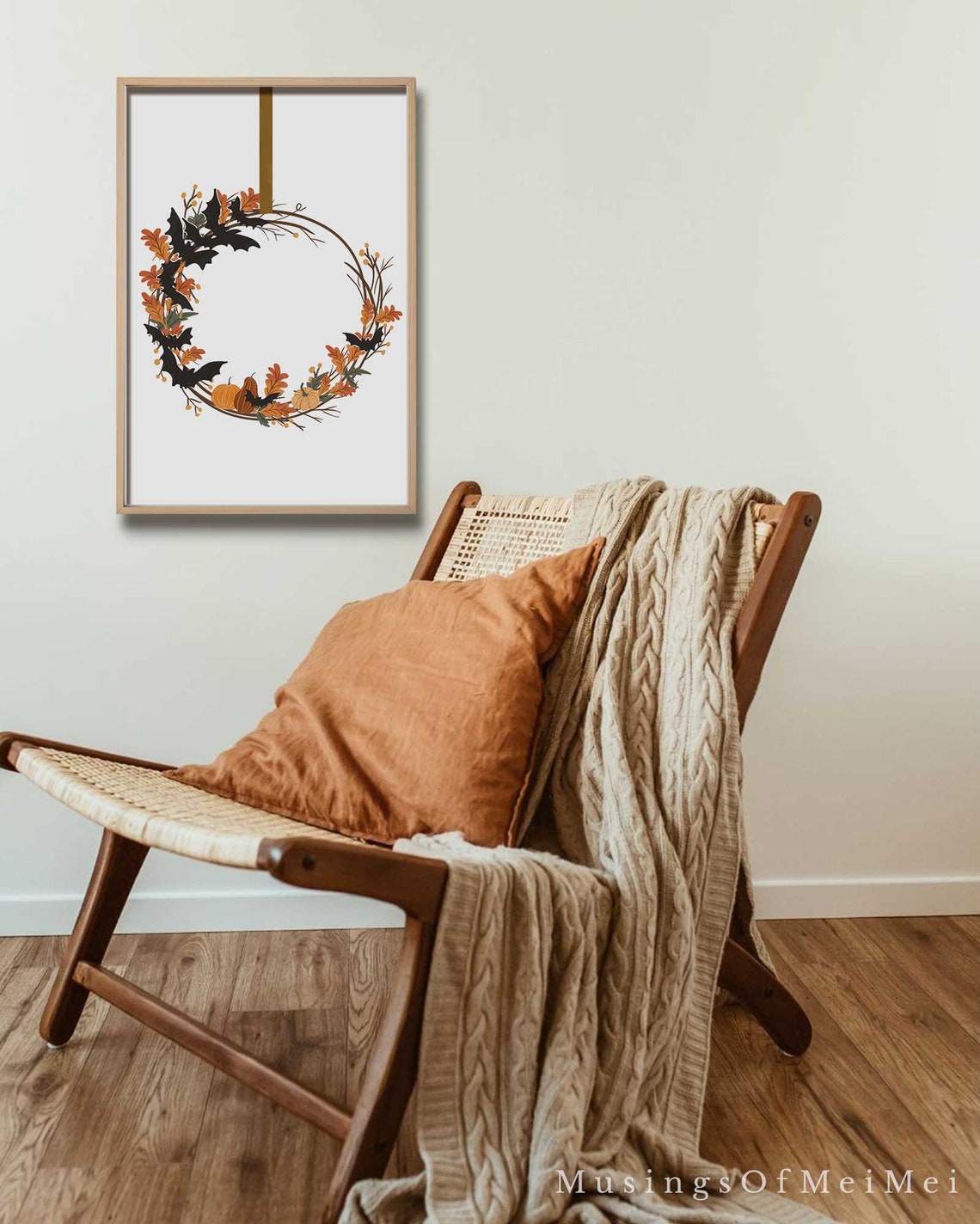 Cute Halloween Wreath with Bats and Pumpkins Autumn Wall Poster - Image 2