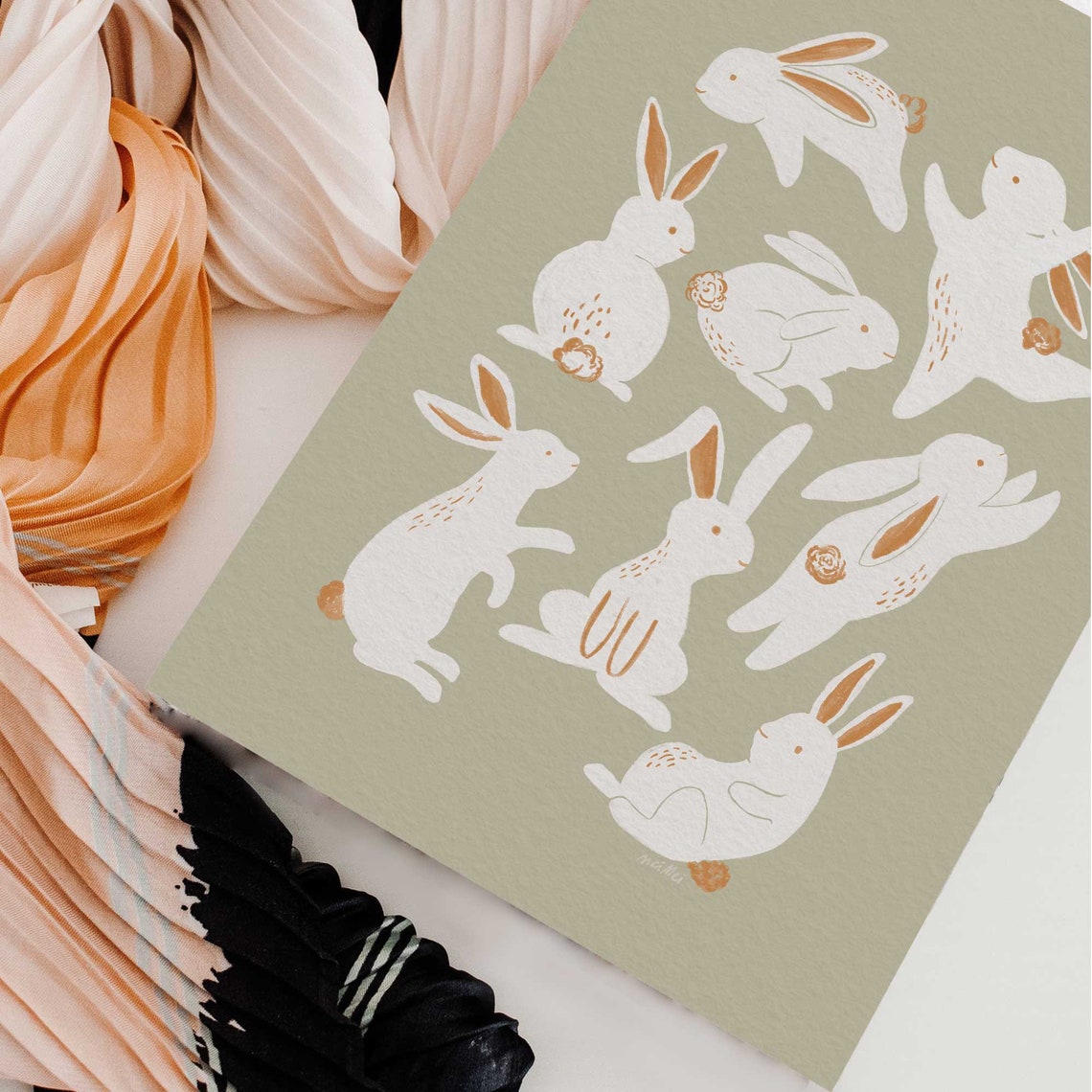 Nine Dancing White Bunnies Leaping on Sage Green Playful Animal Poster - Image 3