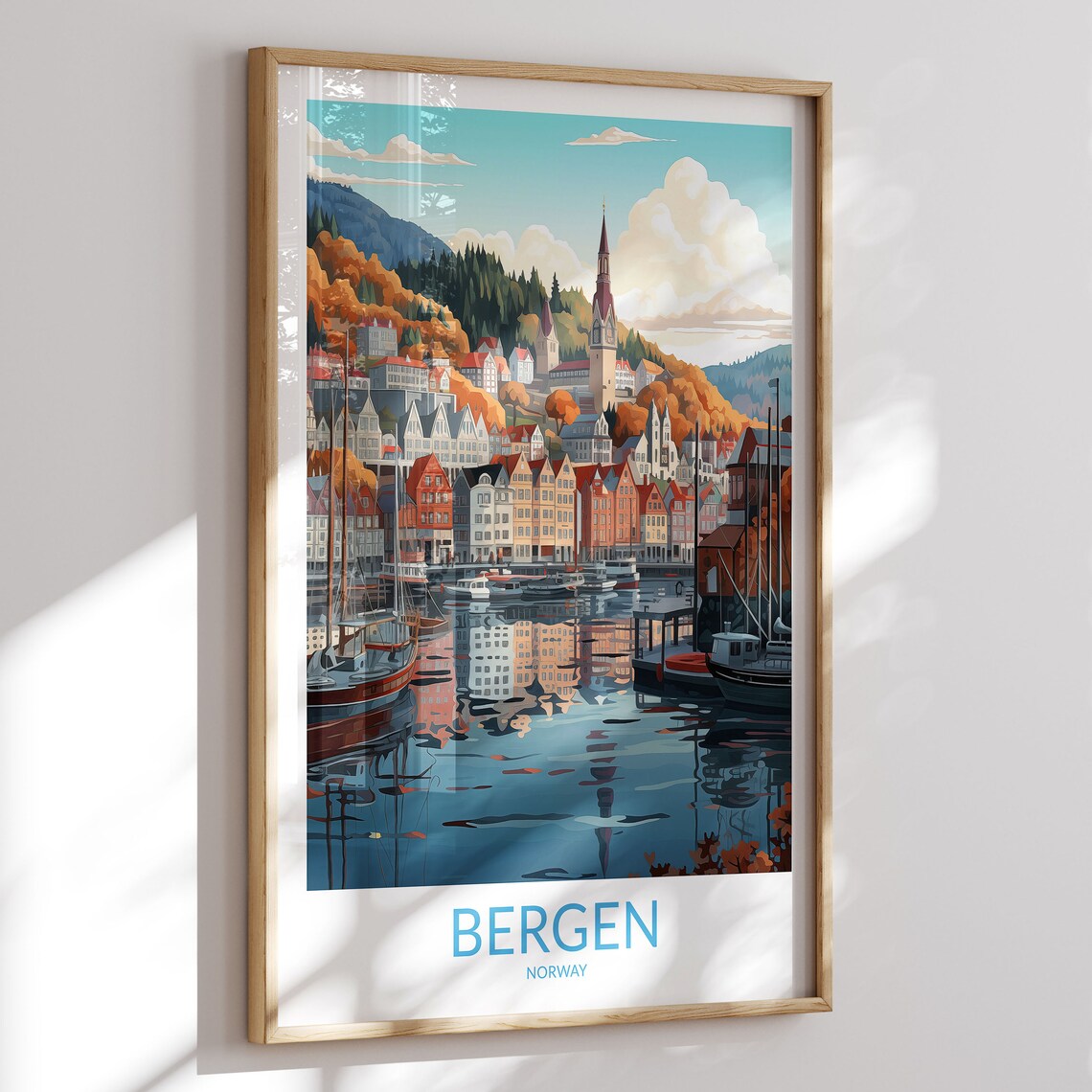 Bergen Norway Historic Harbor Sailboats Autumn Trees Wharf Poster