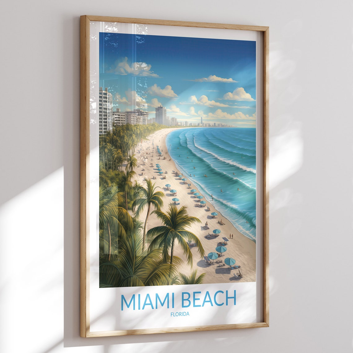 Miami Beach Florida Aerial Sandy Shore Umbrellas Waves Travel Poster