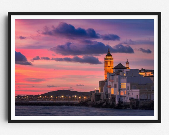 Sitges Beach Sunset Church Tower Pink Sky Spain Coast Poster
