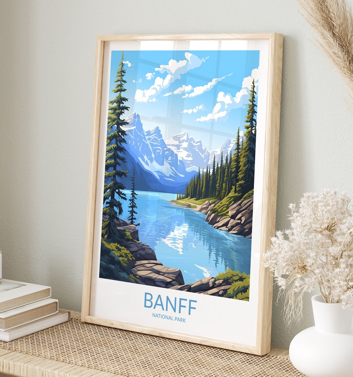 Banff National Park Alpine Lake Pines and Snow Peaks Travel Poster