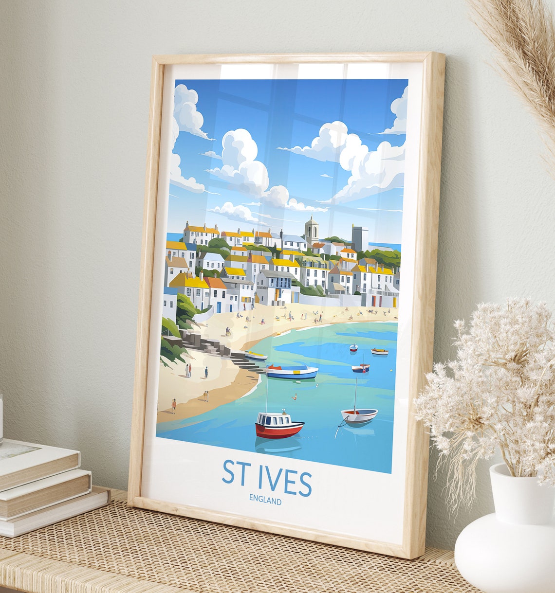 St Ives England Sunlit Beach and Hillside Town Retro Travel Poster