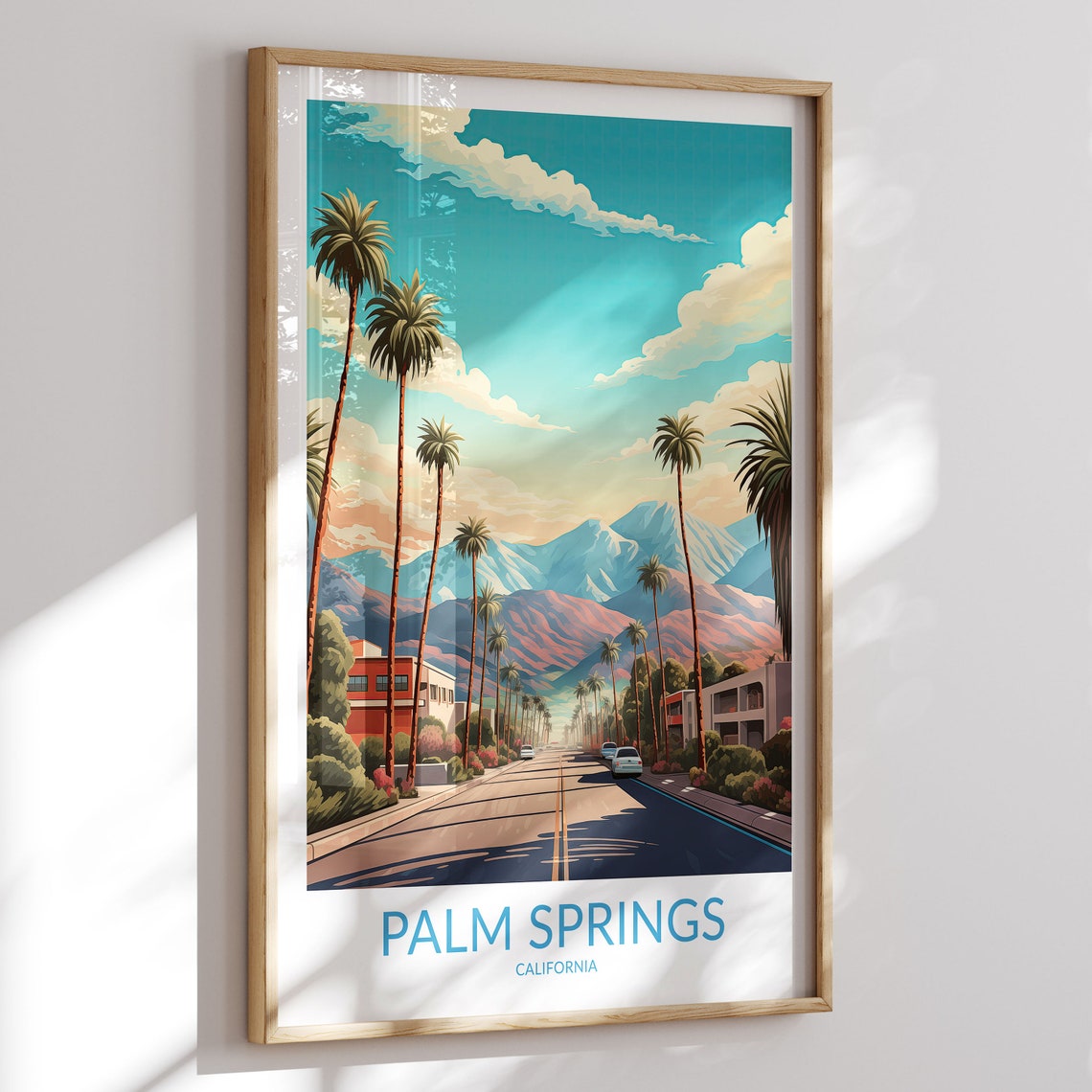 Palm Springs California Wide Avenue Palms Snowy Peak Clouds Poster