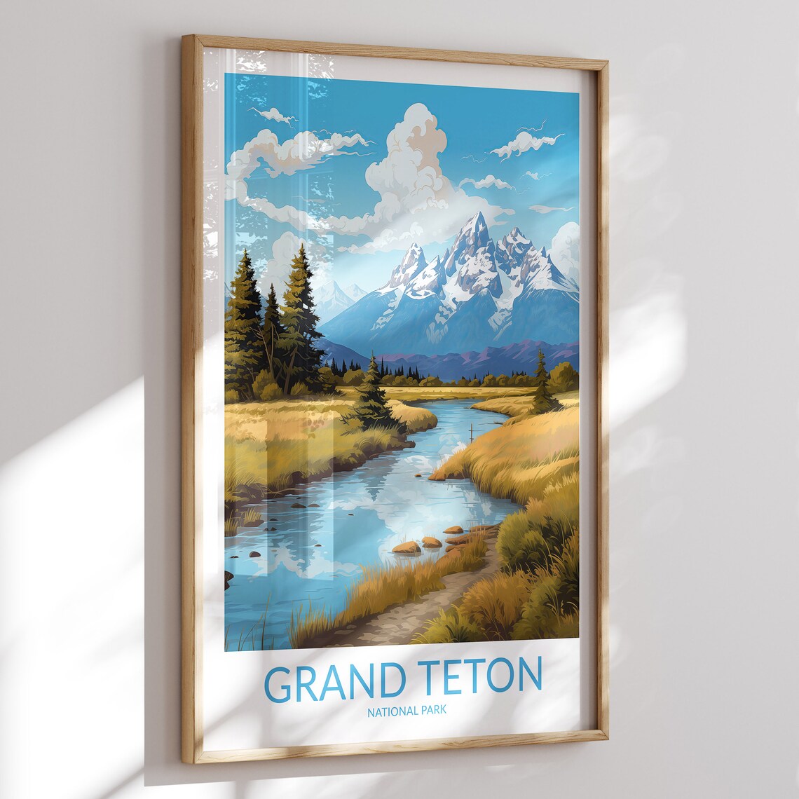 Grand Teton National Park River Through Golden Meadow Travel Poster