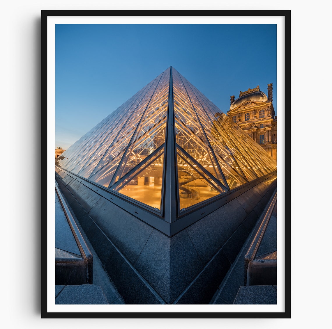 Louvre Pyramid Paris Dusk Illuminated Glass Landmark Exterior Poster
