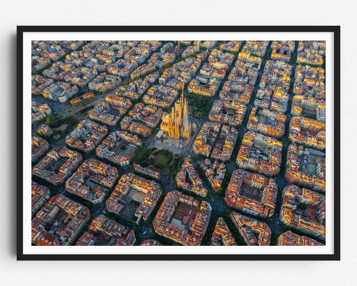 Barcelona Sagrada Familia Aerial View At Golden Hour Warm Light Poster