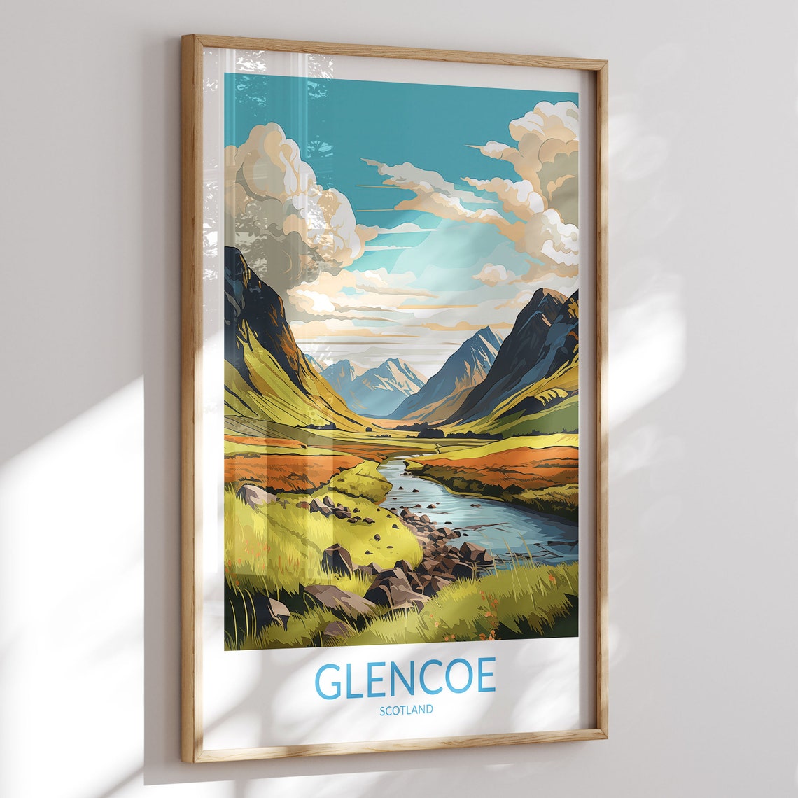 Glencoe Scotland Dark Cliffs Stream Orange Grass Dramatic Sky Poster
