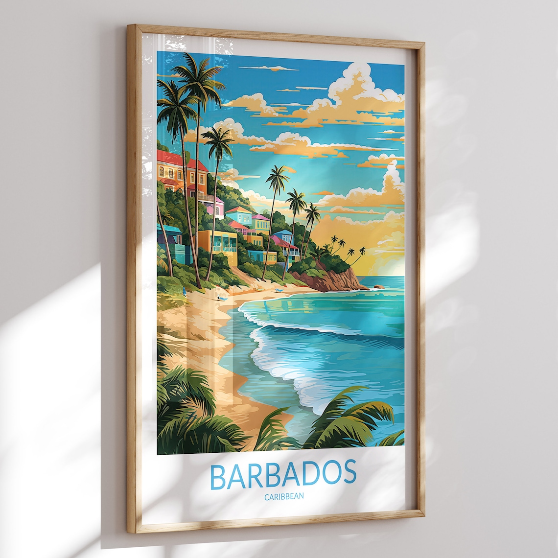 Barbados Caribbean Colorful Hillside Houses Beach Travel Poster