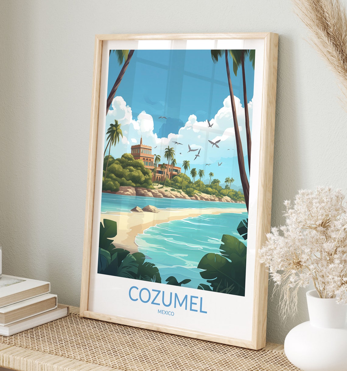 Cozumel Mexico Tropical Beach Palms Seaside Hotel Travel Poster