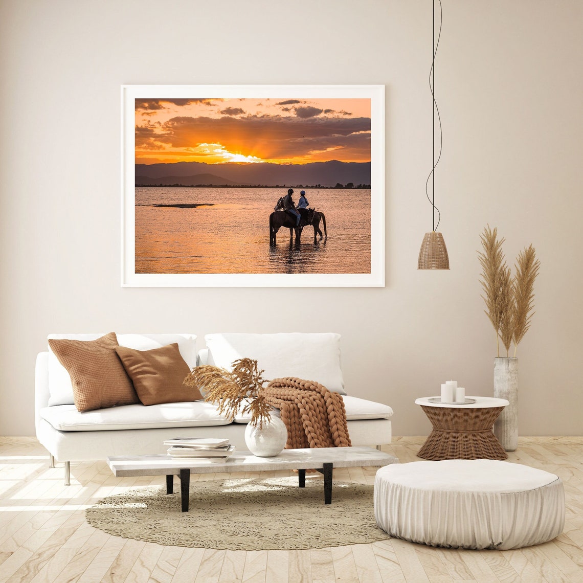 Horseback Riders Wading Through Water At Fiery Sunset Mountains Poster