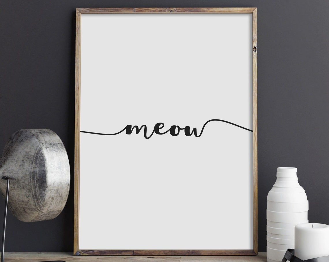 Meow Single Line Script Cat Lover Wall Decor Typography Poster