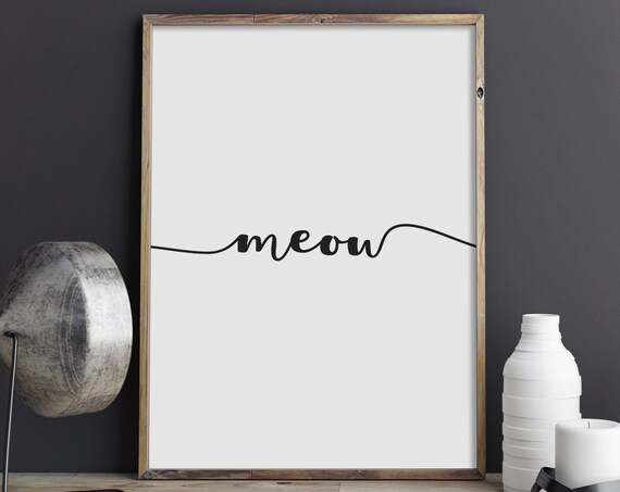 Meow Single Line Script Cat Lover Wall Decor Typography Poster