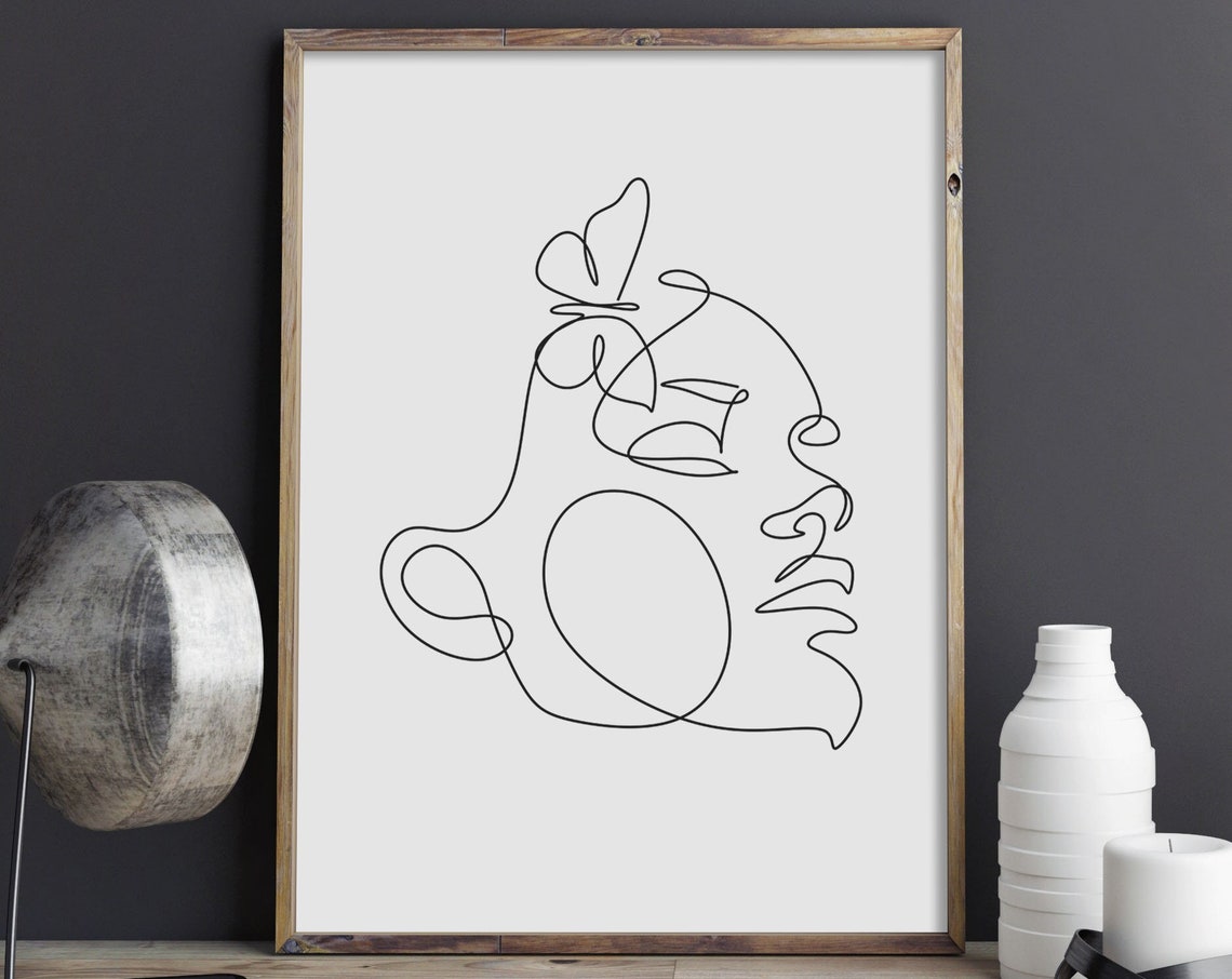 Woman Face With Butterfly Continuous Line Drawing Minimalist Poster