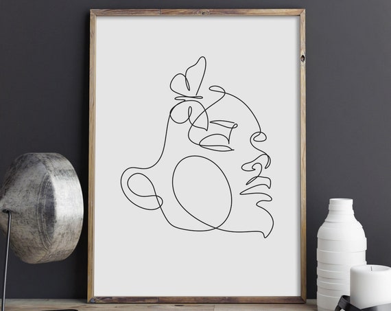 Woman Face With Butterfly Continuous Line Drawing Minimalist Poster