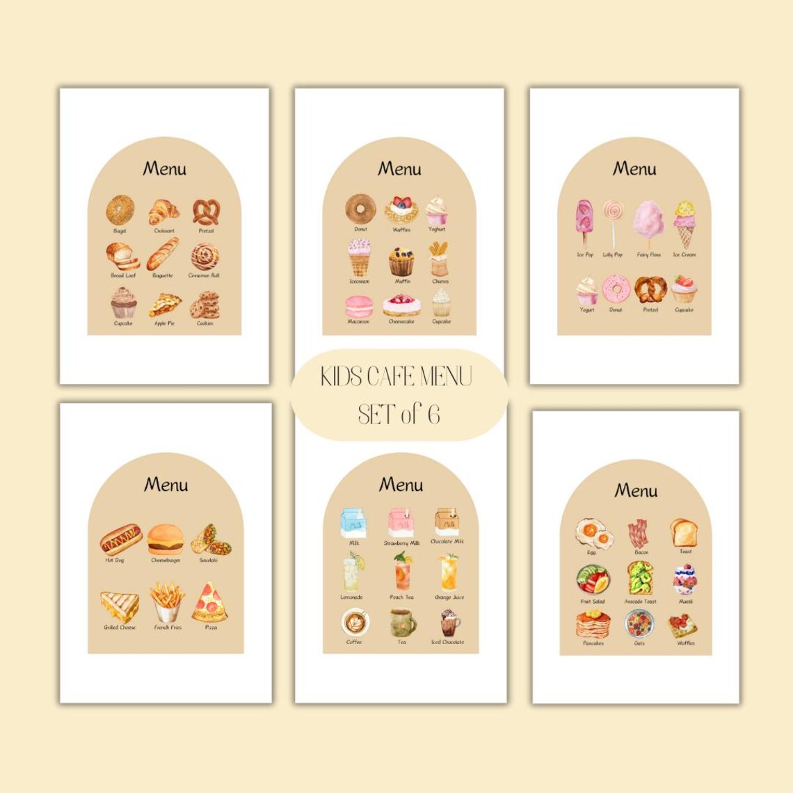 Kids Cafe Play Menu Set of 6 Watercolor Pretend Play Food Poster