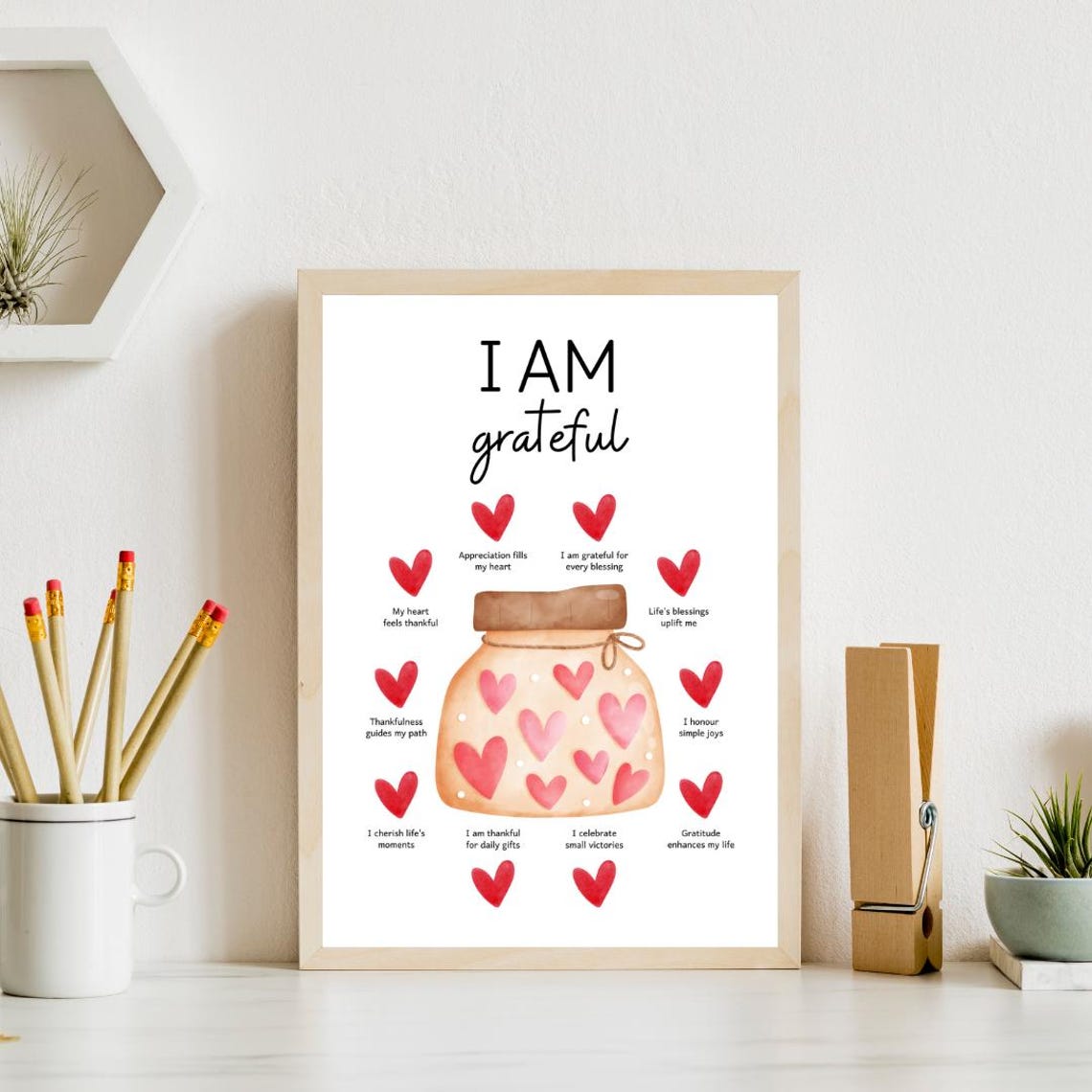 I Am Grateful Watercolor Gratitude Jar Heart Affirmations Poster - Image 3