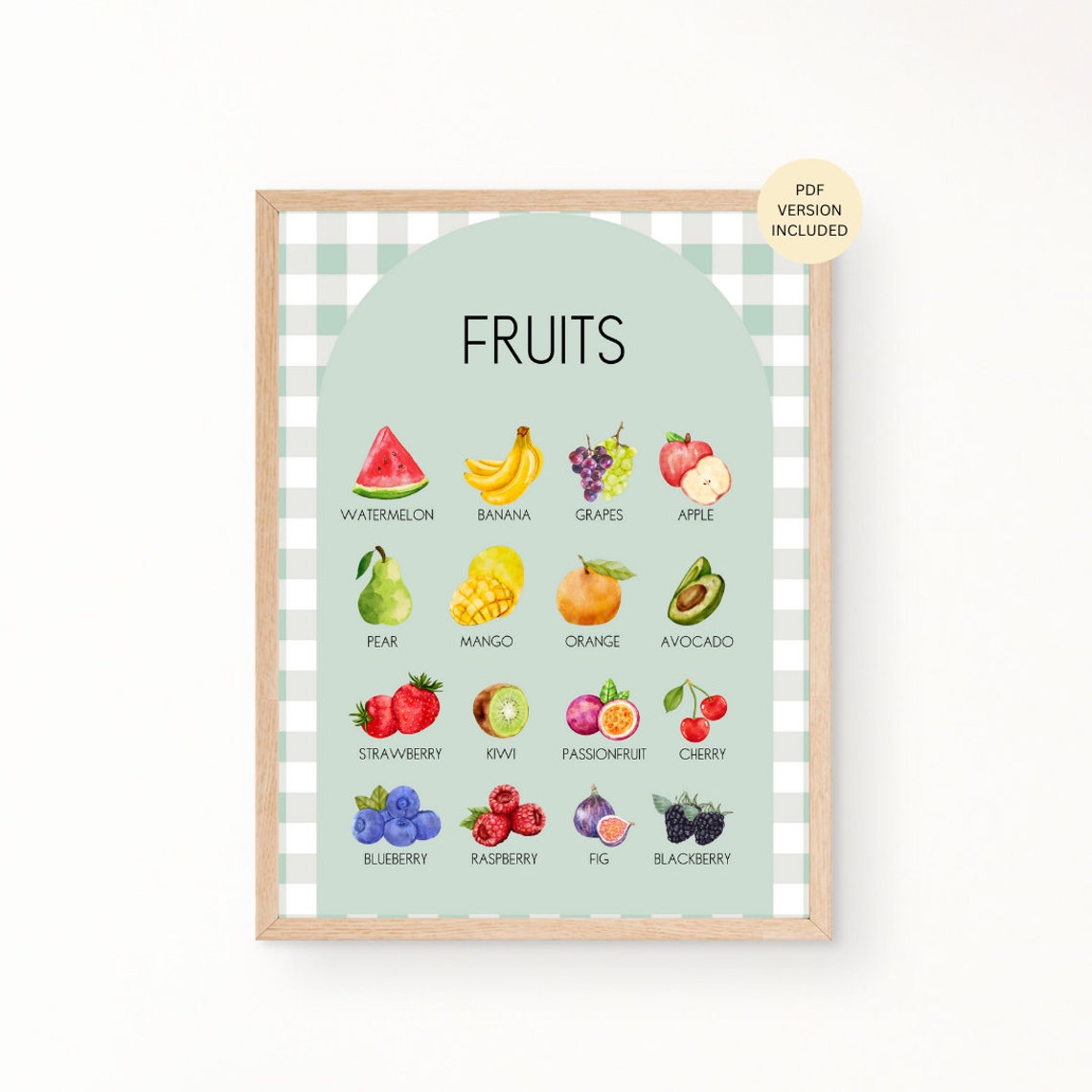 Watercolor Fruits Educational Poster with Names for Kids Kitchen Decor