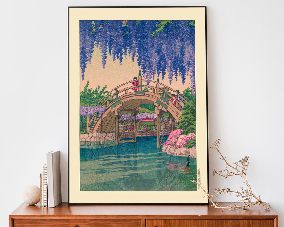 Japanese Wisteria Bridge Garden Woodblock Style Floral Art Poster