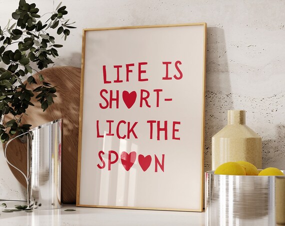 Lick The Spoon Print Cute Cooking Art Aesthetic Kitchen Poster Minimalist Heart Typography Print Red Chef Decor 1 Print