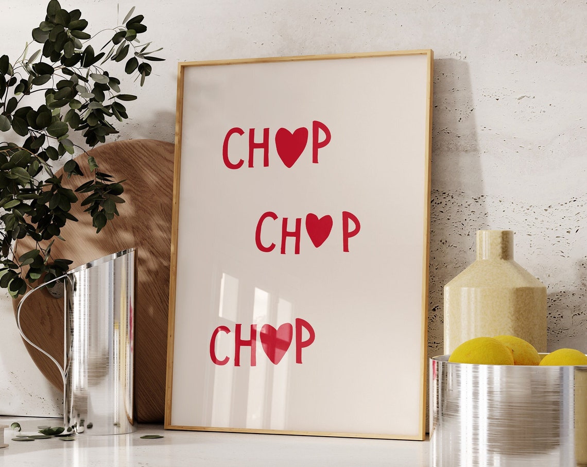 Playful Chop Chop Red Heart Typography Minimalist Kitchen Wall Art