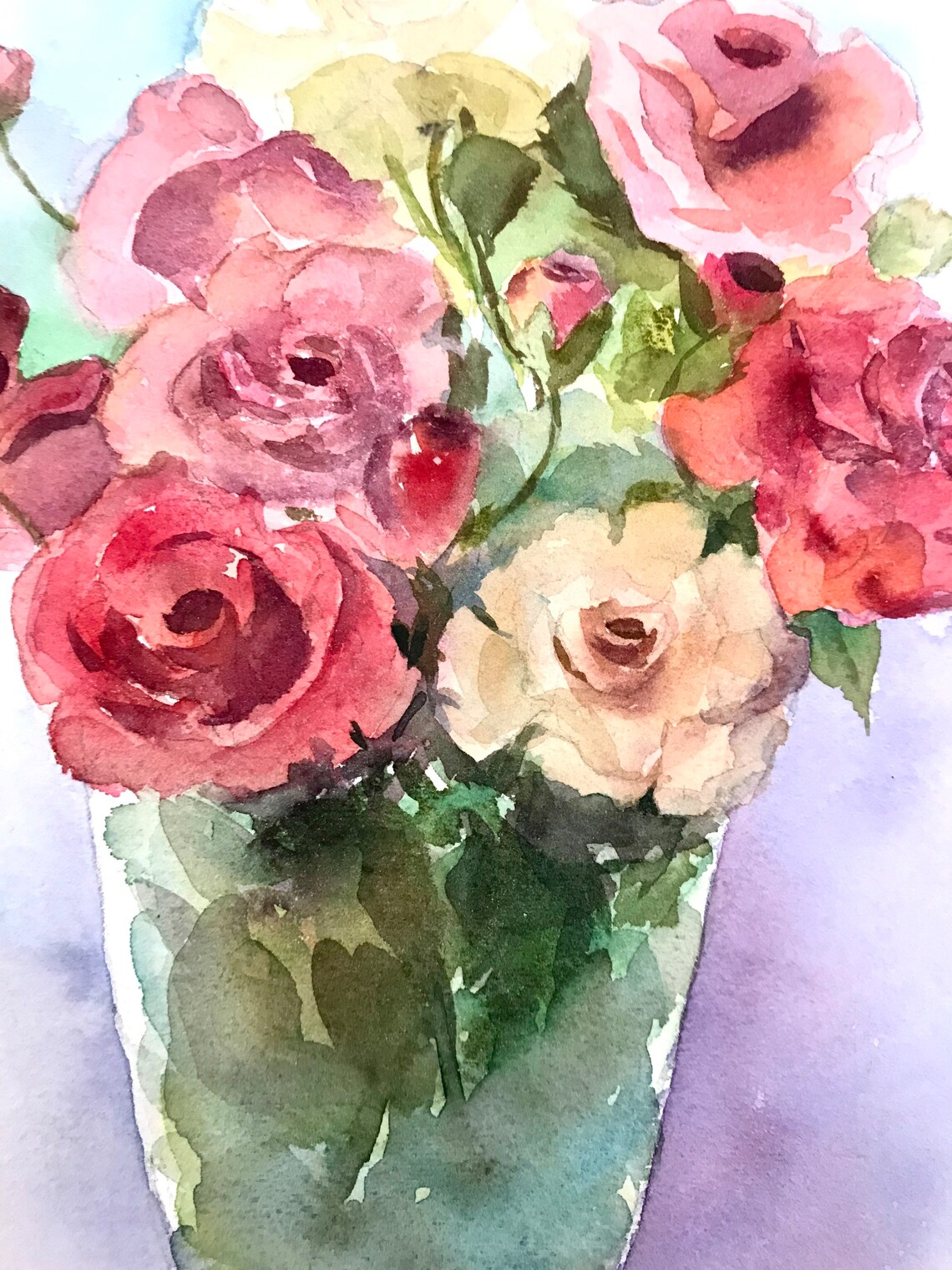 Bouquet of Pink and Cream Roses in a Green Vase Watercolor Poster - Image 5