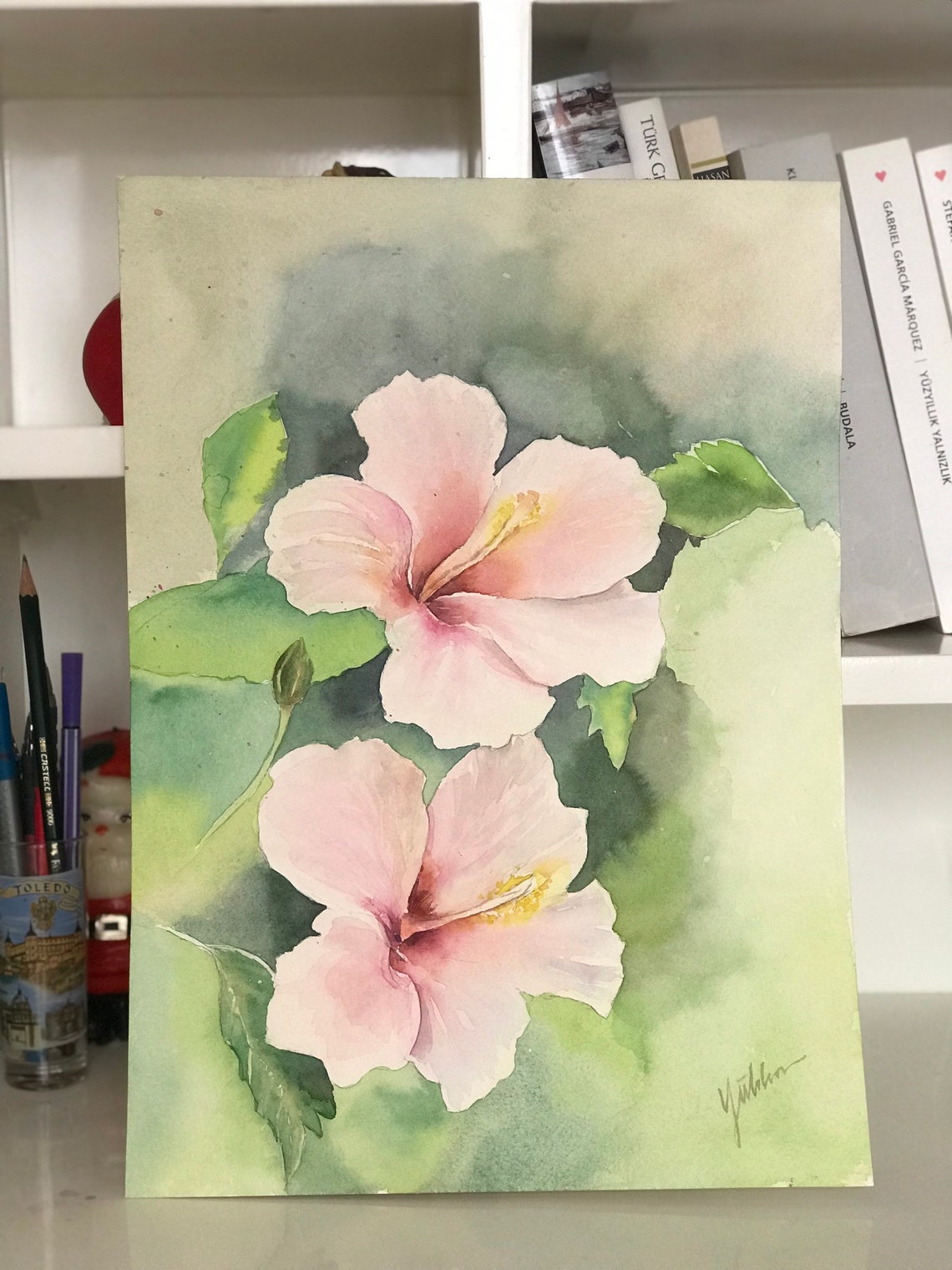 Two Pink Hibiscus Flowers in a Soft Botanical Watercolor Poster - Image 2