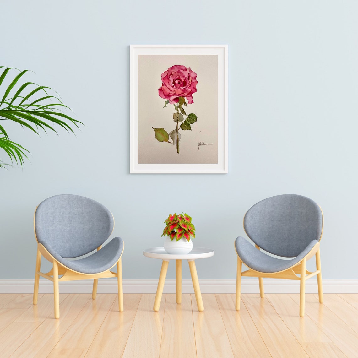 Single Pink Rose Bloom Close Up Watercolor Floral Art Poster - Image 2
