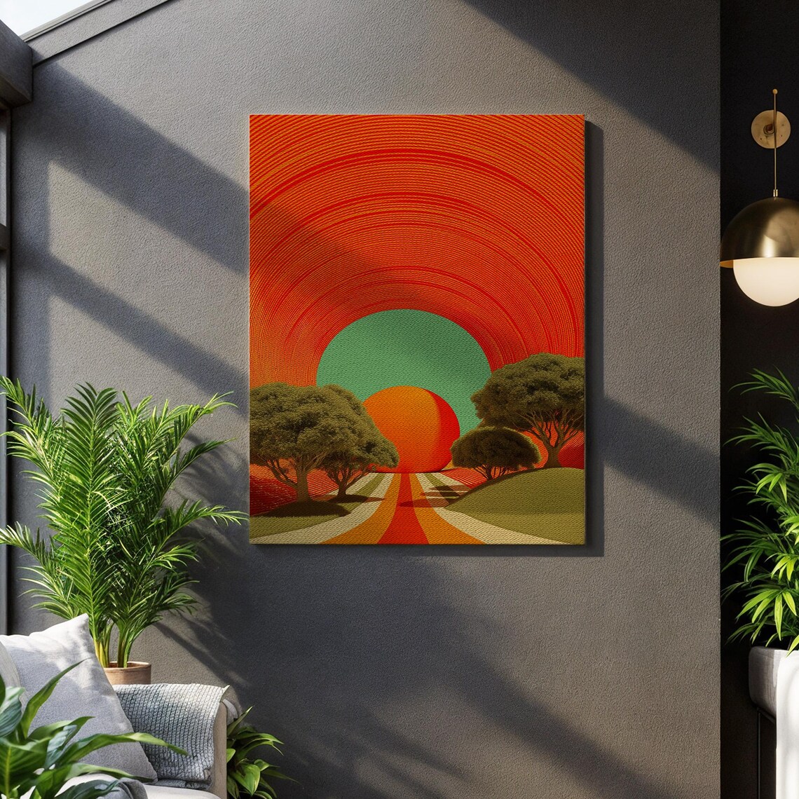 Retro Surreal Sunset Road, Abstract Landscape Art Print