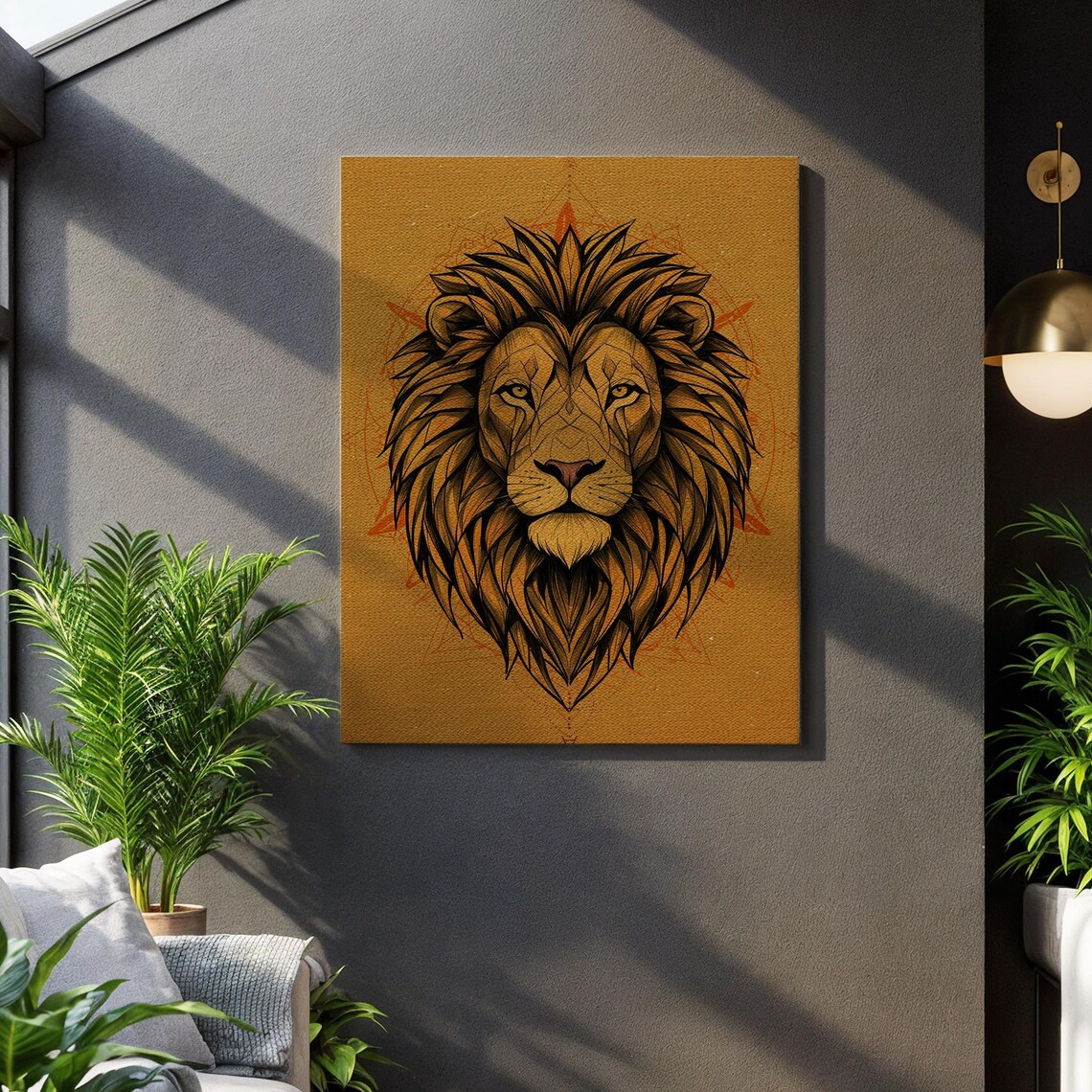 Geometric Lion Portrait Golden Majestic Feline Mandala Art Poster