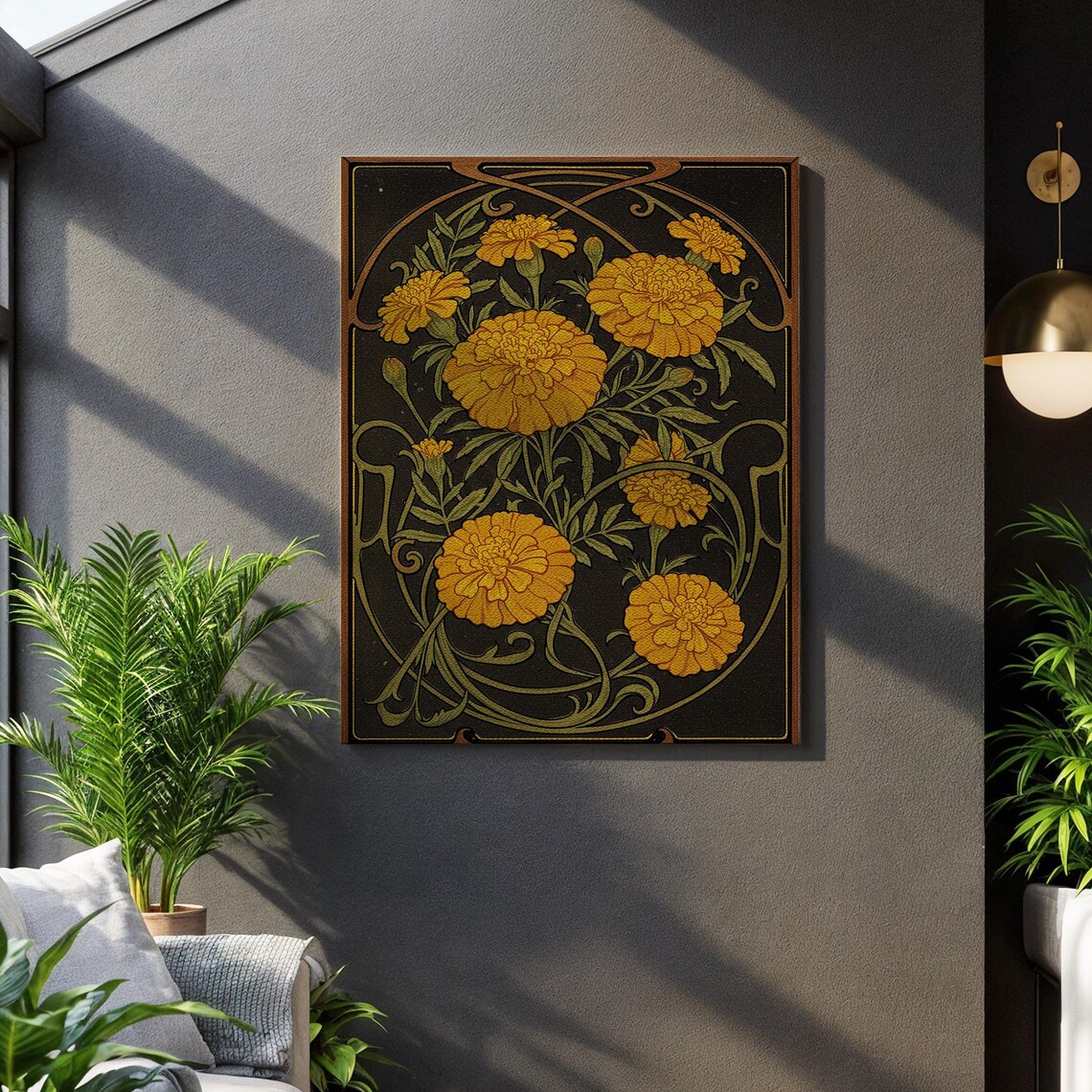 Golden Marigold Flowers Art Nouveau Black Botanical Vintage Wall Poster