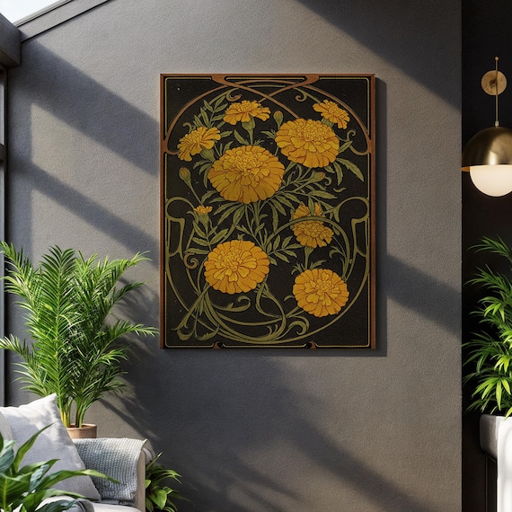 Golden Marigold Flowers Art Nouveau Black Botanical Vintage Wall Poster
