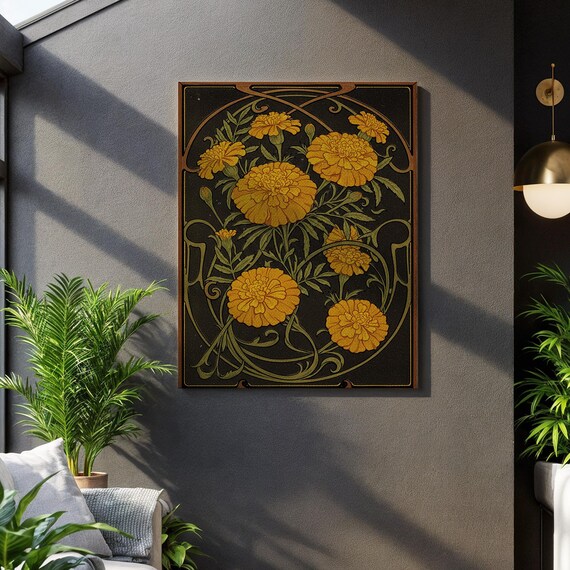 Marigold Botanical Wall Art Print Nouveau Yellow Flower Canvas Poster Elegant Dark Floral Home Decor For Living Room Or Bedroom