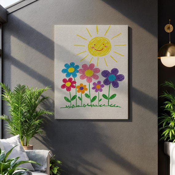 Colorful Kids Flower Drawing Canvas Crayon Style Happy Sun And Garden Art Playroom Wall Decor For Nursery Or Preschool
