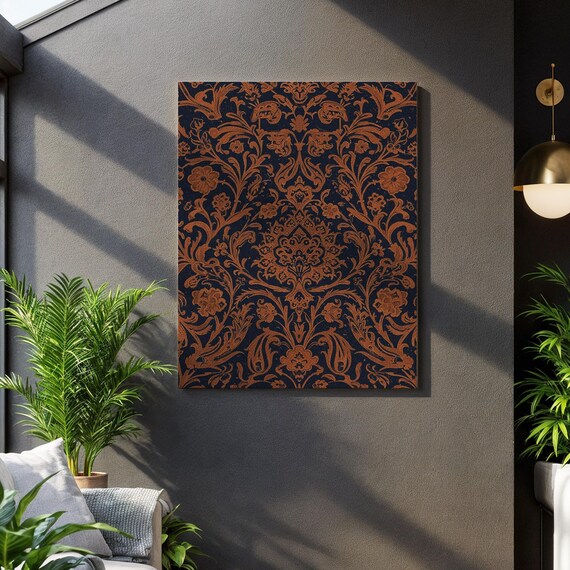 Copper Floral Damask Pattern on Deep Navy Luxurious Decorative Art Poster