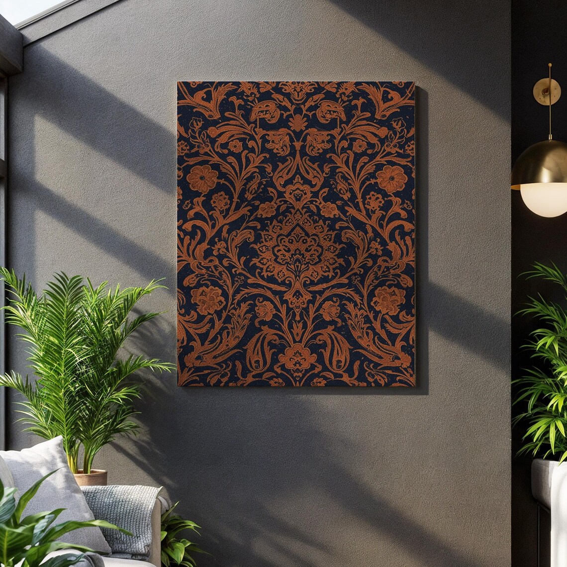 Copper Floral Damask Pattern on Deep Navy Luxurious Decorative Art Poster