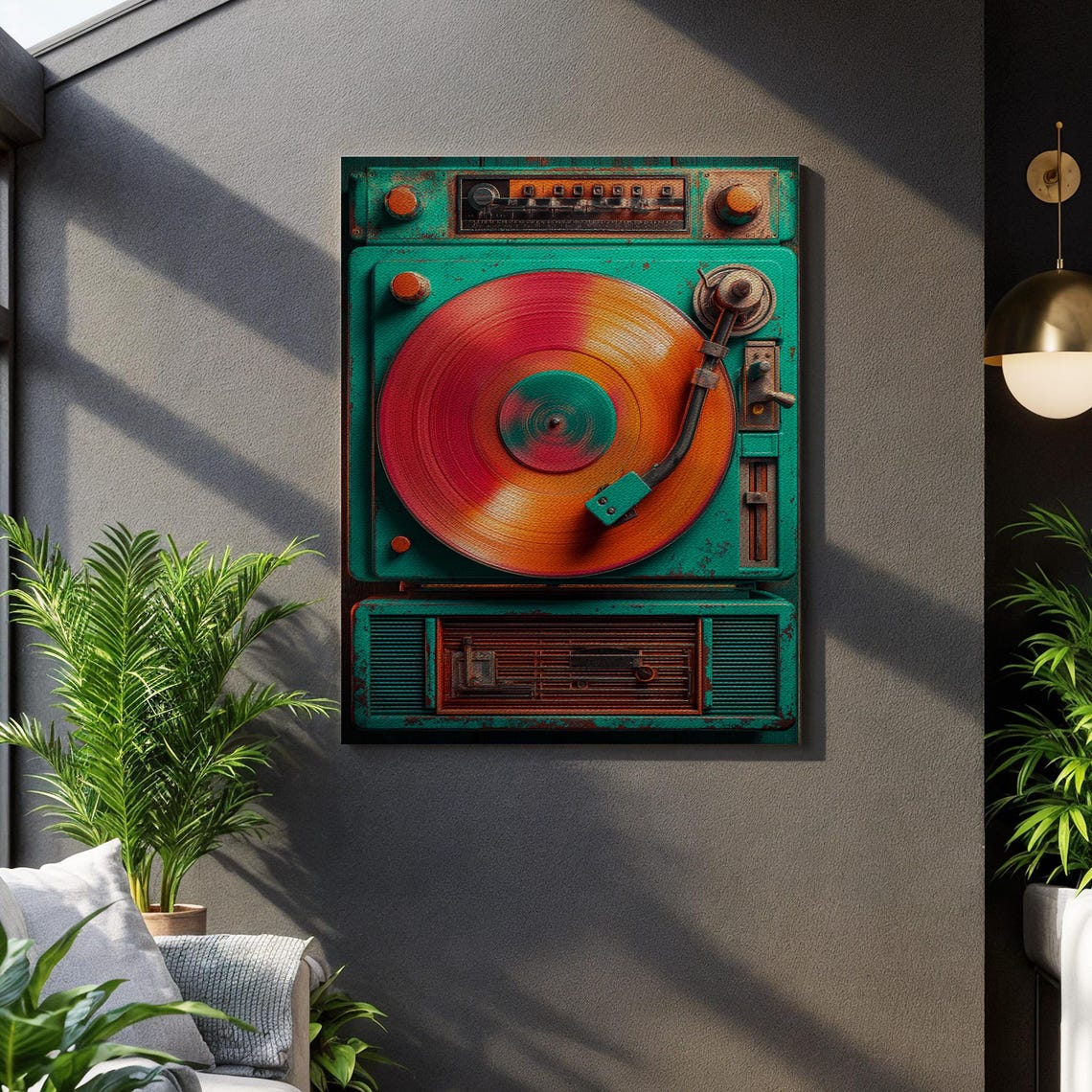 Retro Teal Turntable Spinning Vinyl Record Player Music Room Poster
