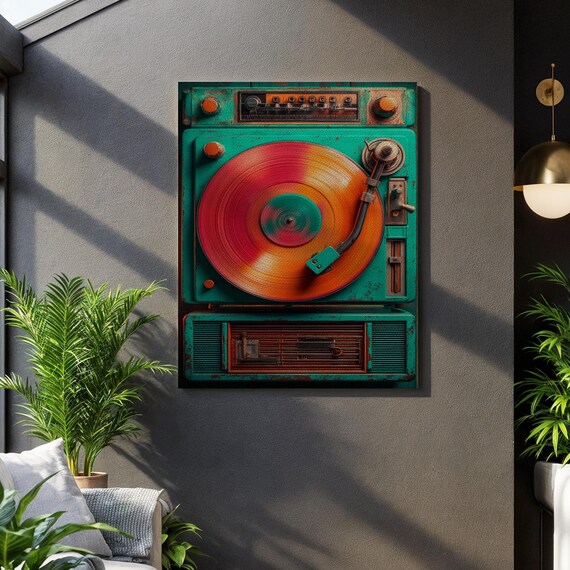 Retro Teal Turntable Spinning Vinyl Record Player Music Room Poster