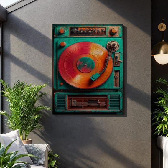 Vintage Record Player Framed Music Lover Gift Teal Orange Decoration Pop Art Wall Canvas 70s Style Painting Retro Turntable