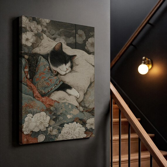 Sleeping Cat Kimono Japanese Garden Tranquility Serene Feline Slumber Elegant Zen Decor Framed Portrait Oriental Dream Gift