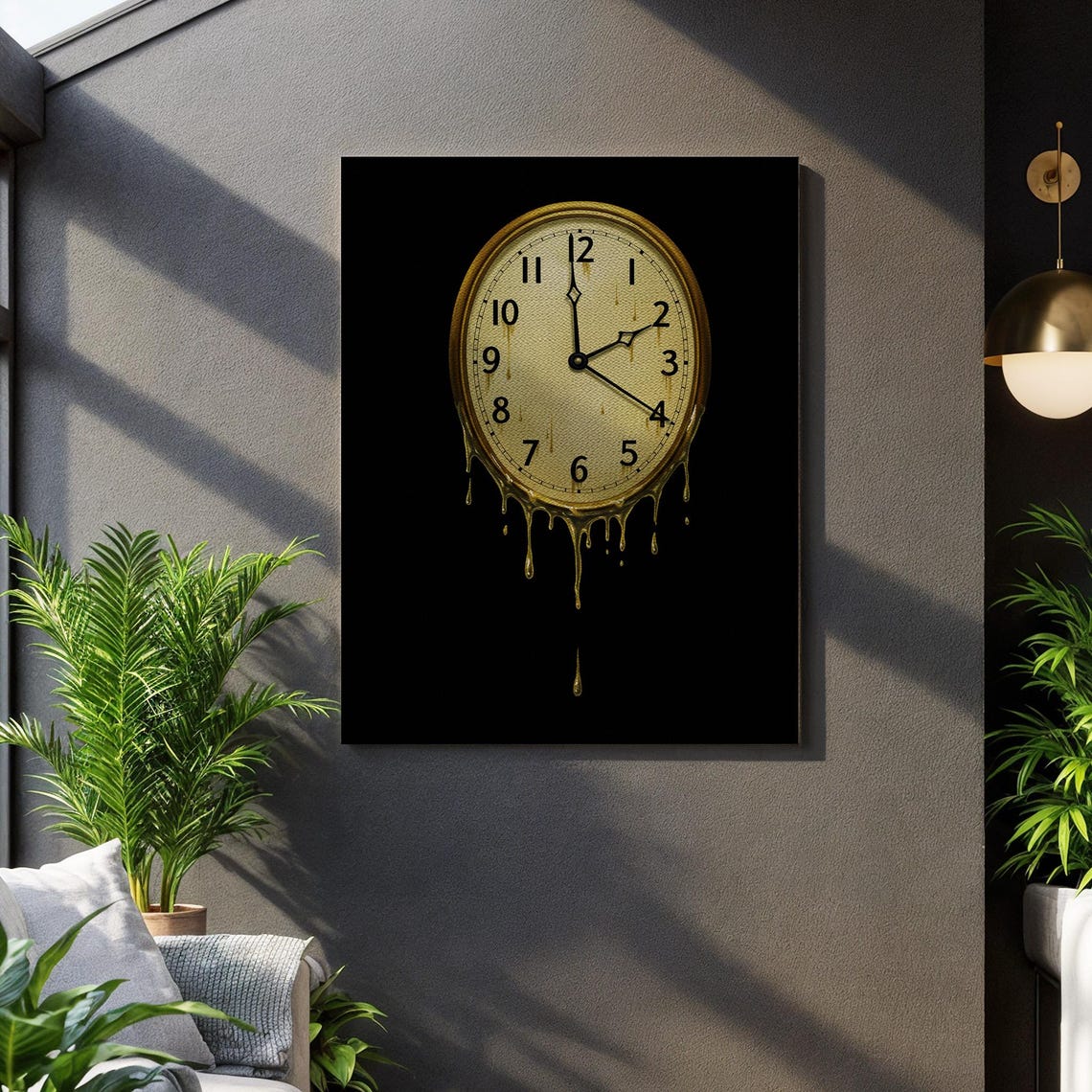 Melting Gold Clock Poster Surreal Dripping Time Abstract Black Art