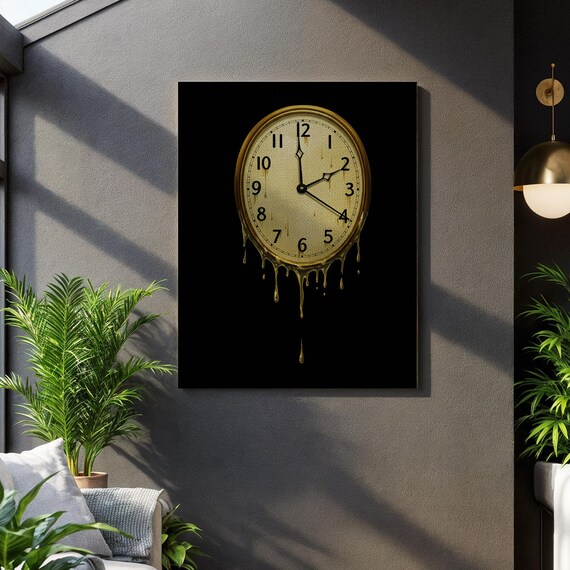 Melting Gold Clock Poster Surreal Dripping Time Abstract Black Art