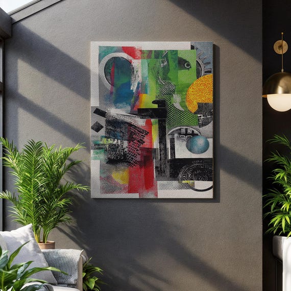 Abstract Geometric Canvas Wall Art Bold Color Blocks And Textures Modern Mixed Media Painting Framed Contemporary For Home Decor