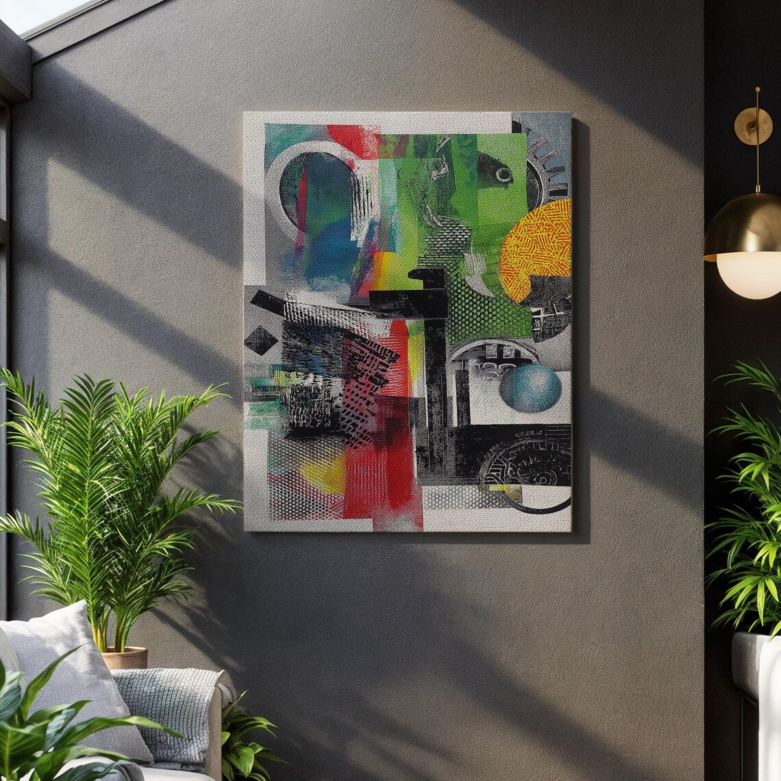 Abstract Geometric Mixed Media Collage Bold Color Blocks Modern Art Poster