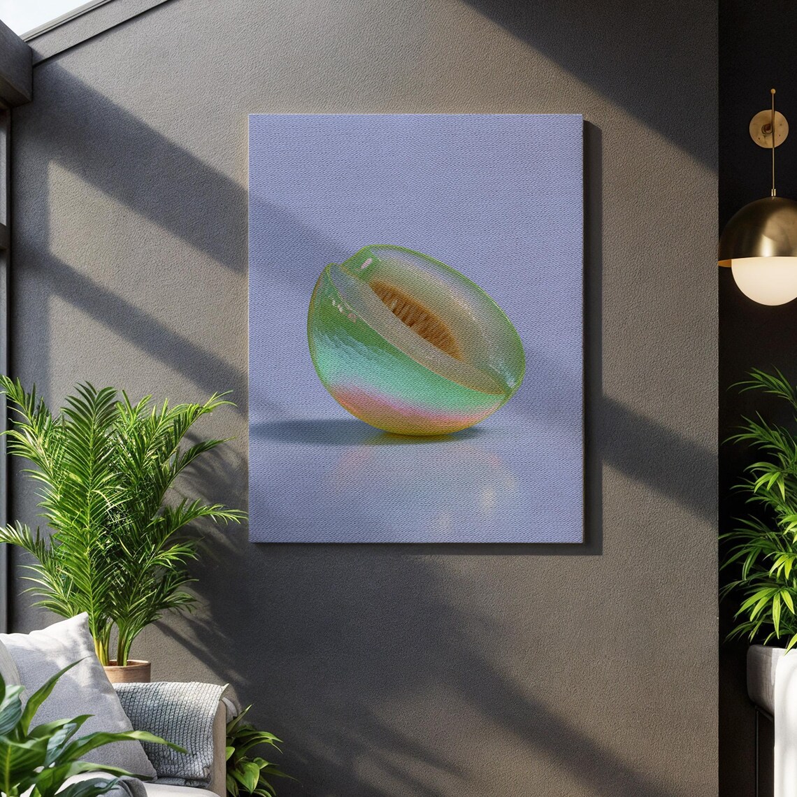 Holographic Melon Half Iridescent Fruit Minimalist Modern Art Canvas Poster
