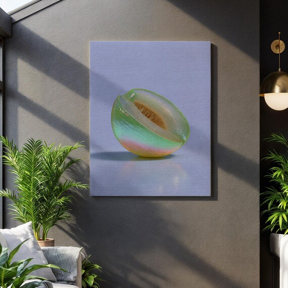 Holographic Melon Canvas Art Print Minimalist Iridescent Fruit Artwork For Modern Kitchens Dining Rooms Or Colorful Contemporary Walls