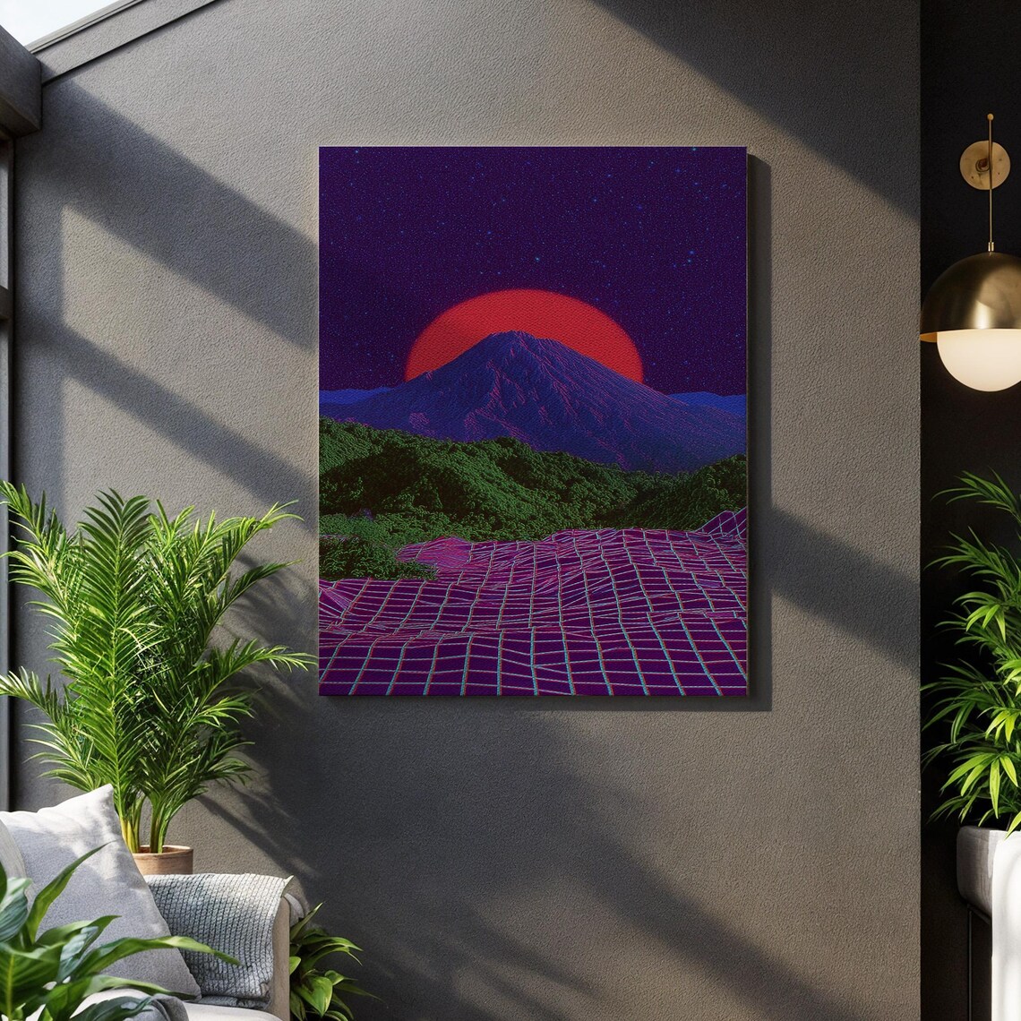 Synthwave Mountain Sunset Vaporwave Grid Retro Futuristic Neon Art Poster